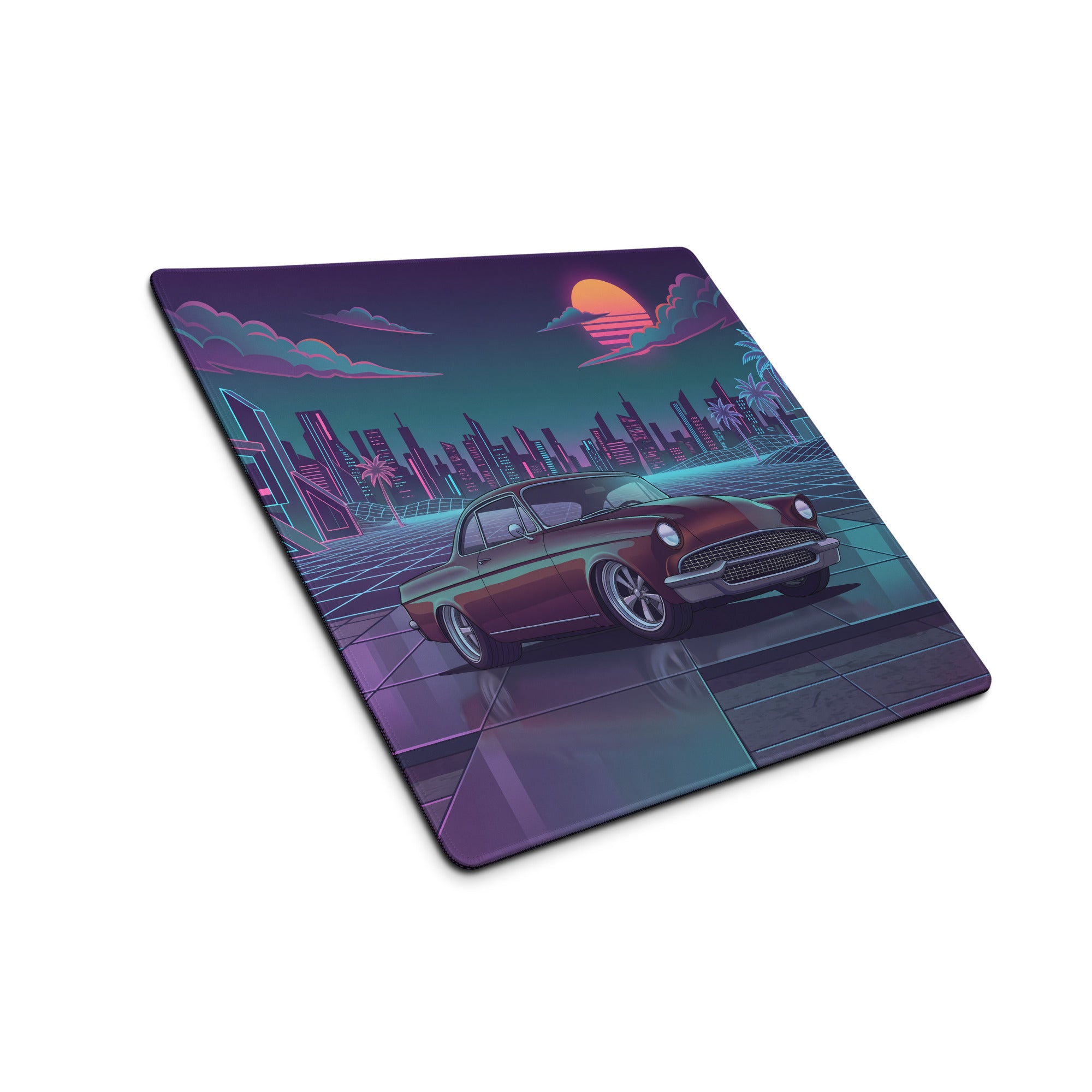 1955 Chevrolet Bel Air Inspired Burgundy Teal Vaporwave Gaming Mouse Pad, Classic American Car Desk Mat with Neon Retro Futuristic City Artwork
