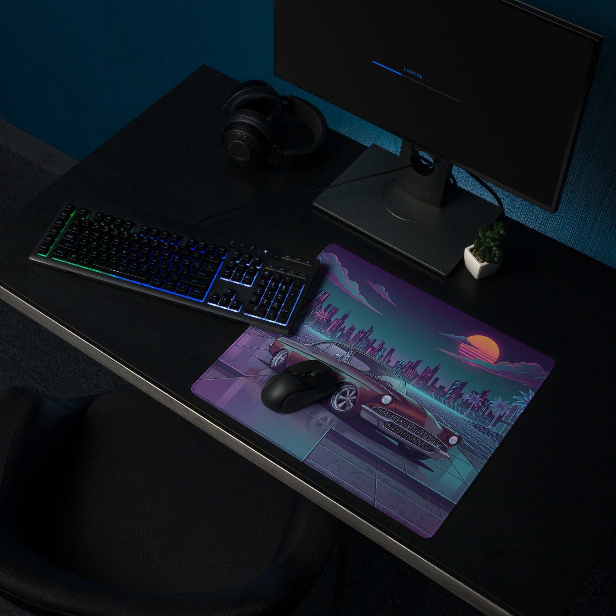 1955 Chevrolet Bel Air Inspired Burgundy Teal Vaporwave Gaming Mouse Pad, Classic American Car Desk Mat with Neon Retro Futuristic City Artwork