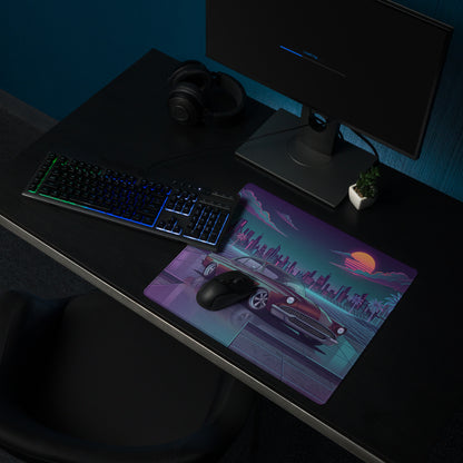 1955 Chevrolet Bel Air Inspired Burgundy Teal Vaporwave Gaming Mouse Pad, Classic American Car Desk Mat with Neon Retro Futuristic City Artwork