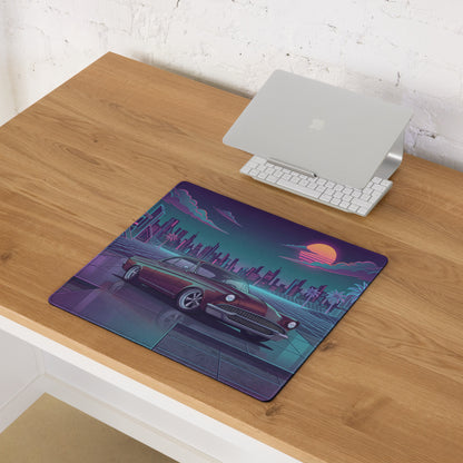 1955 Chevrolet Bel Air Inspired Burgundy Teal Vaporwave Gaming Mouse Pad, Classic American Car Desk Mat with Neon Retro Futuristic City Artwork