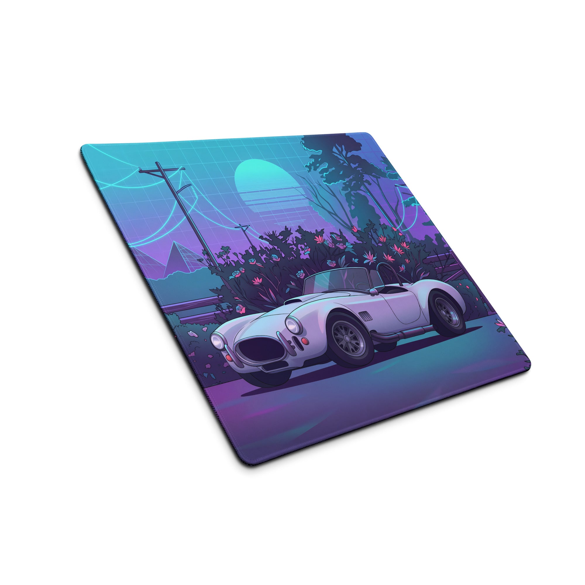Shelby Cobra Inspired White Purple Vaporwave Gaming Mouse Pad, Classic Roadster Desk Mat with Neon Floral Forest and Retro Futuristic Artwork