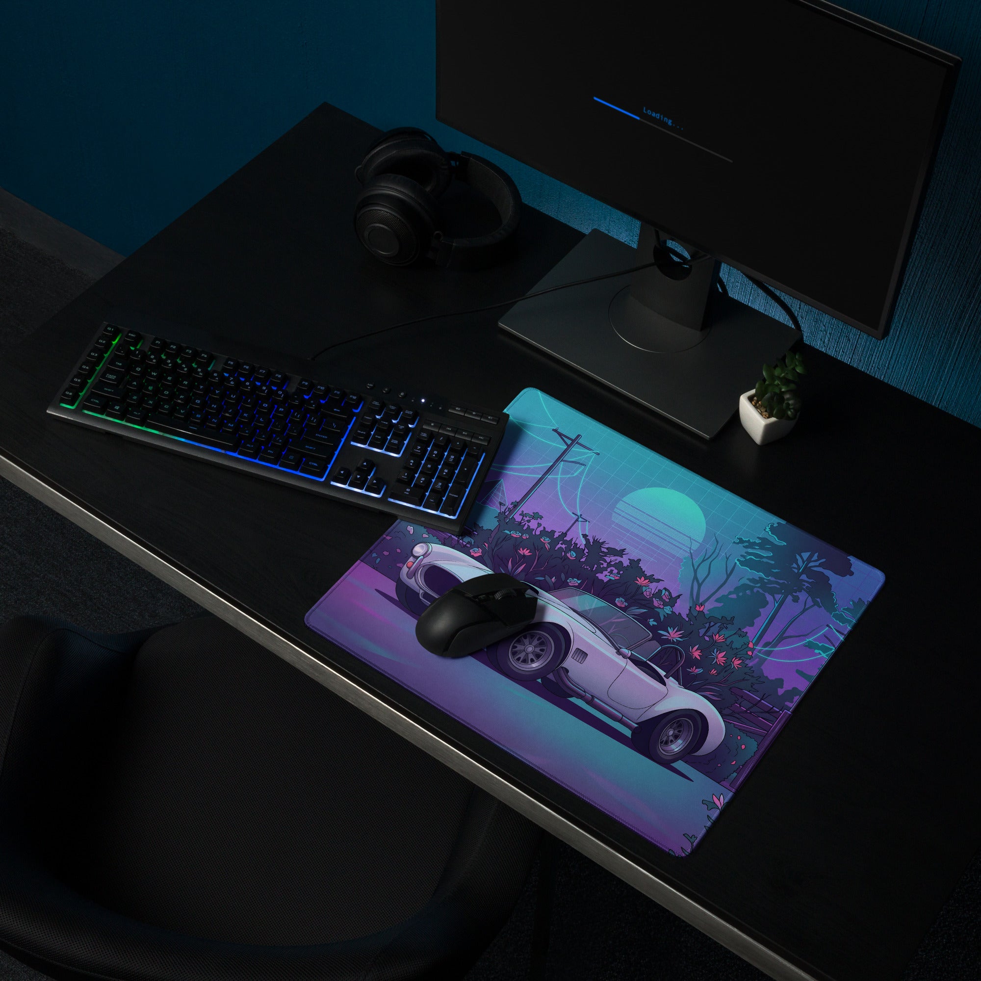 Shelby Cobra Inspired White Purple Vaporwave Gaming Mouse Pad, Classic Roadster Desk Mat with Neon Floral Forest and Retro Futuristic Artwork