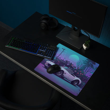 Shelby Cobra Inspired White Purple Vaporwave Gaming Mouse Pad, Classic Roadster Desk Mat with Neon Floral Forest and Retro Futuristic Artwork