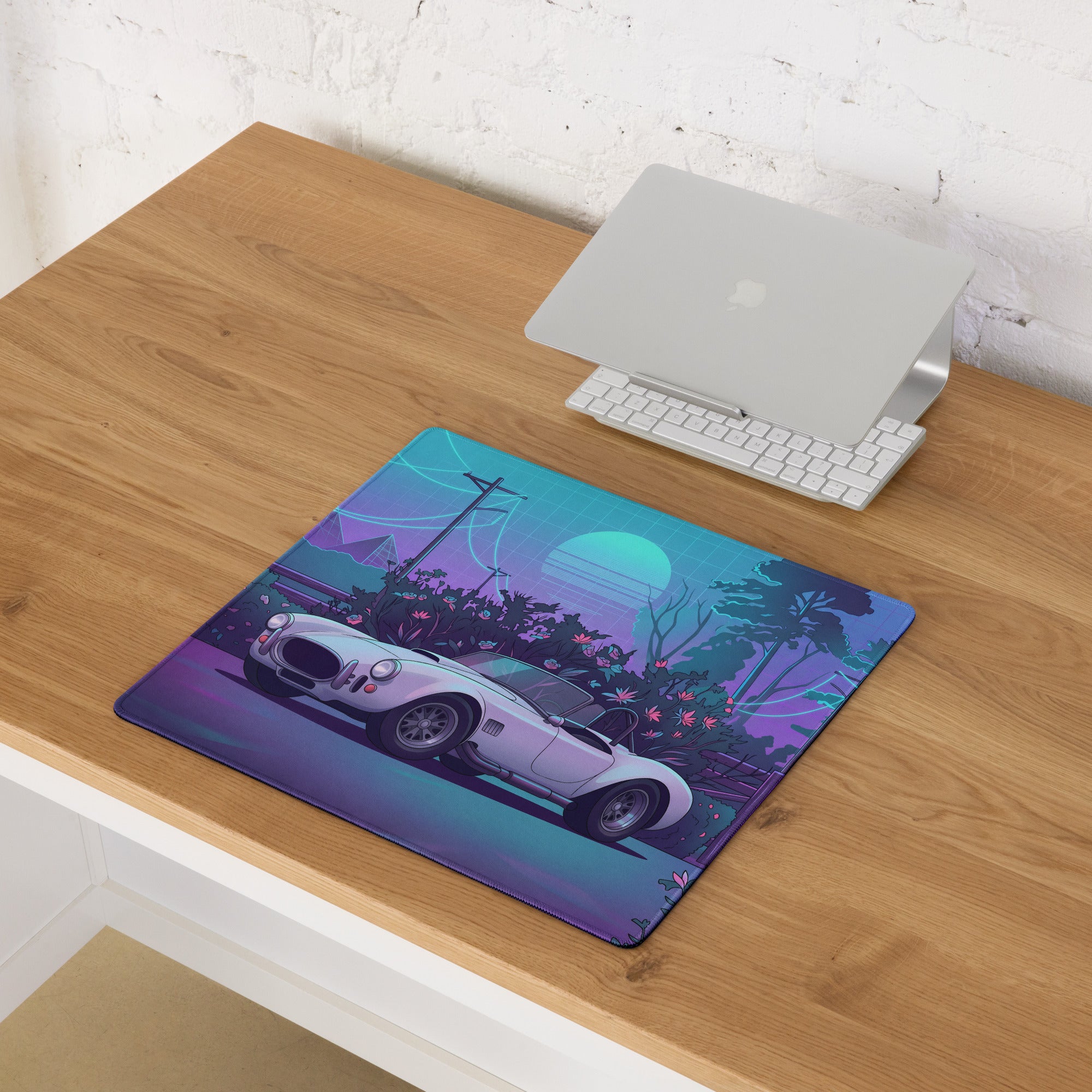 Shelby Cobra Inspired White Purple Vaporwave Gaming Mouse Pad, Classic Roadster Desk Mat with Neon Floral Forest and Retro Futuristic Artwork