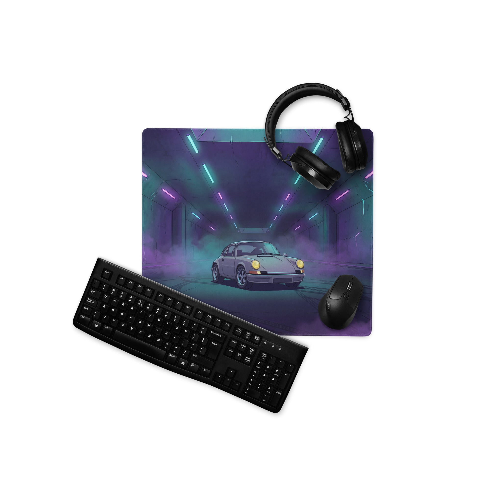 Porsche 911 Carrera 3.2 Inspired Silver Purple Vaporwave Gaming Mouse Pad, Retro Sports Car Desk Mat with Neon Tunnel Artwork