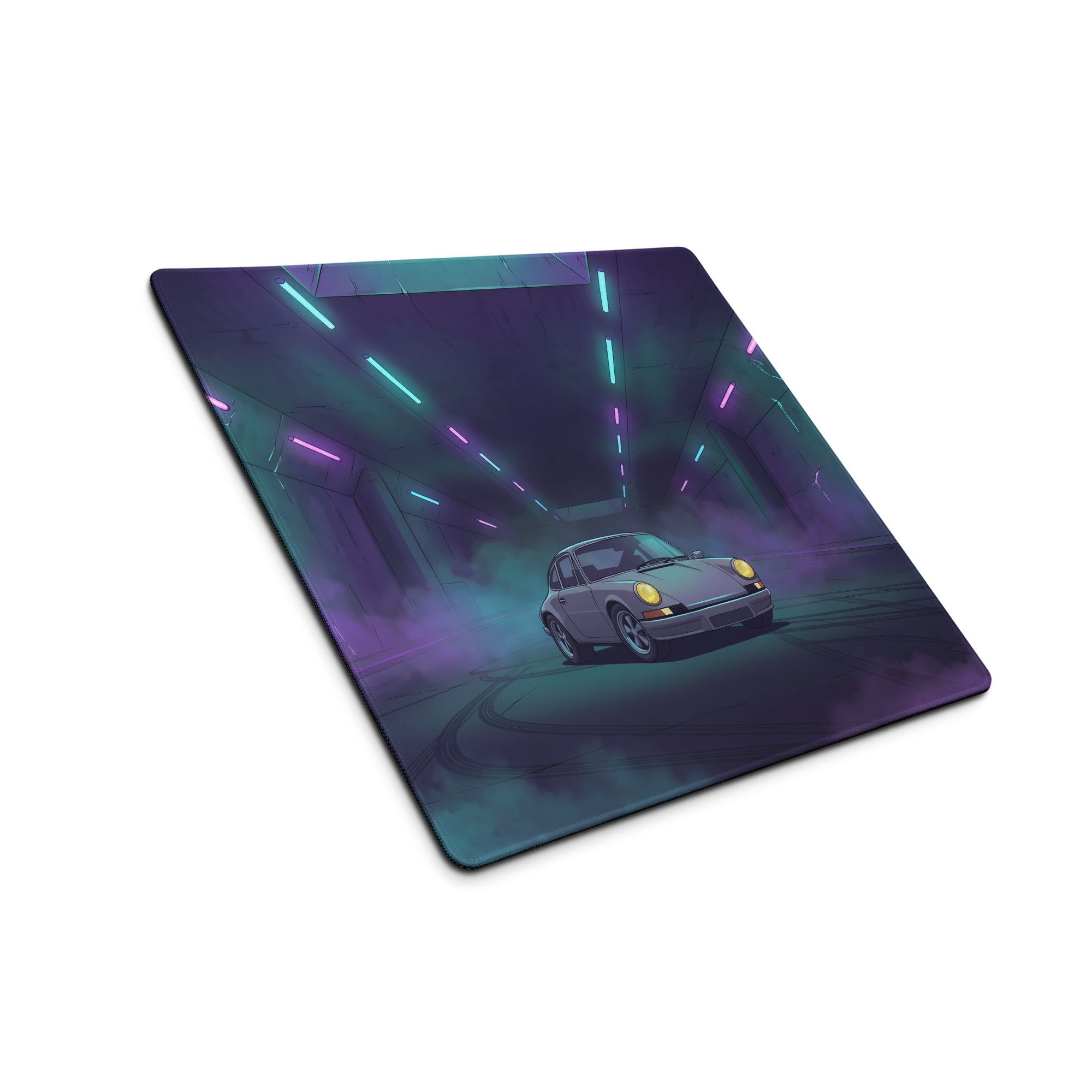 Porsche 911 Carrera 3.2 Inspired Silver Purple Vaporwave Gaming Mouse Pad, Retro Sports Car Desk Mat with Neon Tunnel Artwork