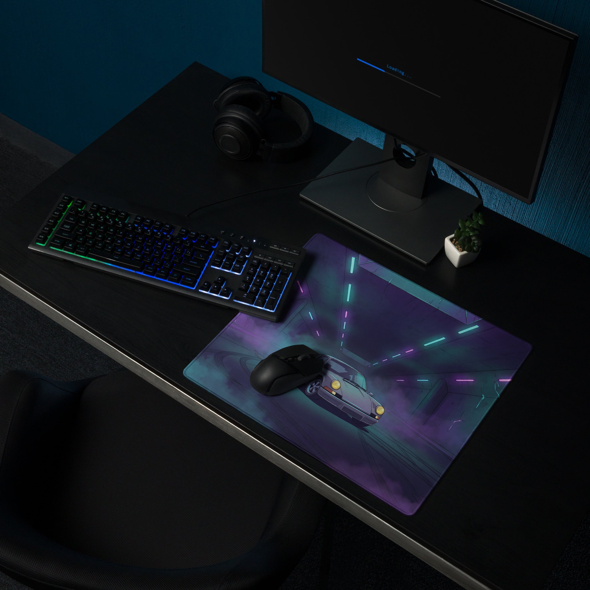 Porsche 911 Carrera 3.2 Inspired Silver Purple Vaporwave Gaming Mouse Pad, Retro Sports Car Desk Mat with Neon Tunnel Artwork