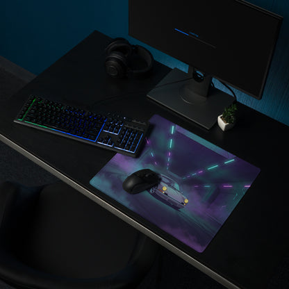 Porsche 911 Carrera 3.2 Inspired Silver Purple Vaporwave Gaming Mouse Pad, Retro Sports Car Desk Mat with Neon Tunnel Artwork