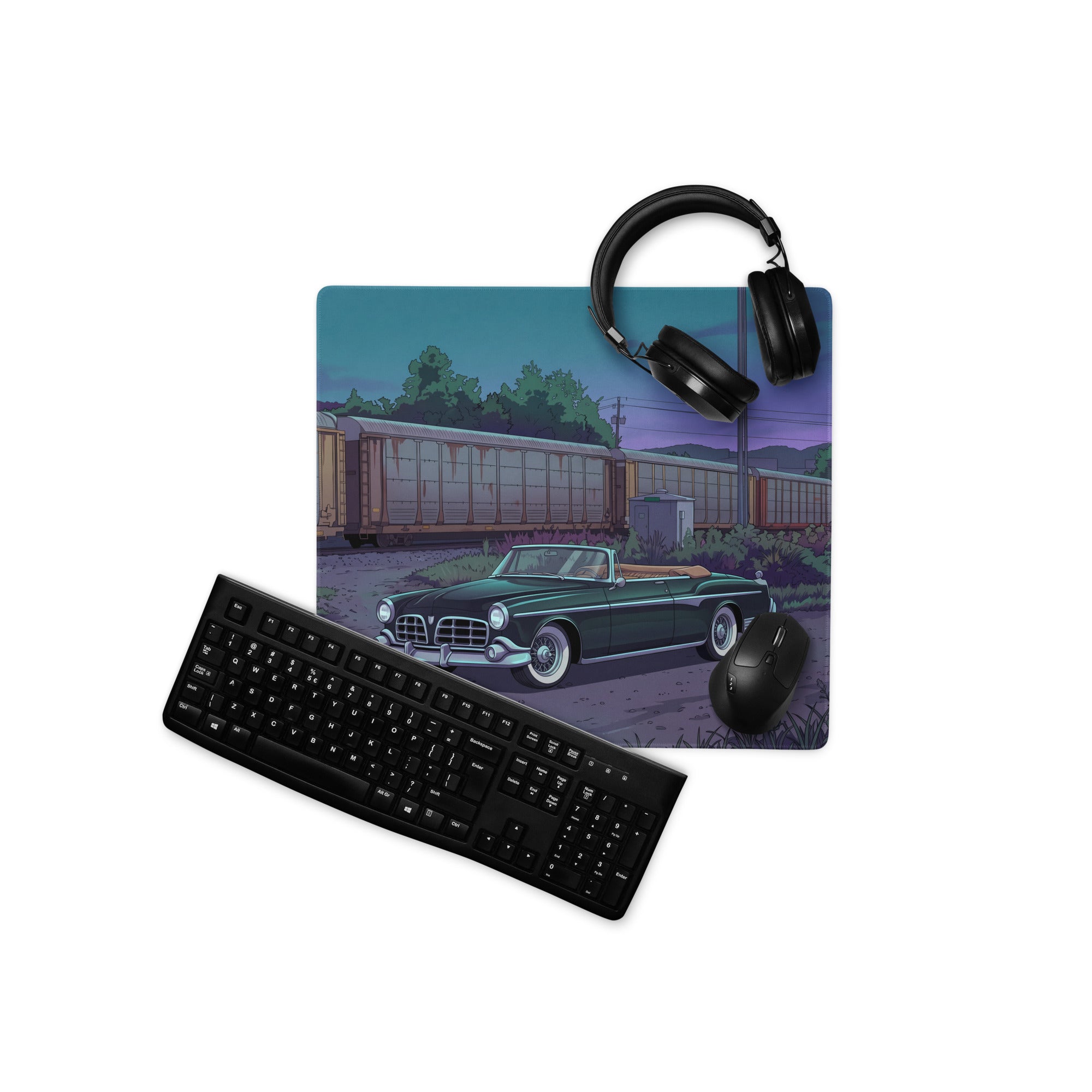 1956 Chrysler New Yorker Inspired Black Teal Vaporwave Gaming Mouse Pad, Classic Convertible Desk Mat with Retro Railroad Sunset Artwork