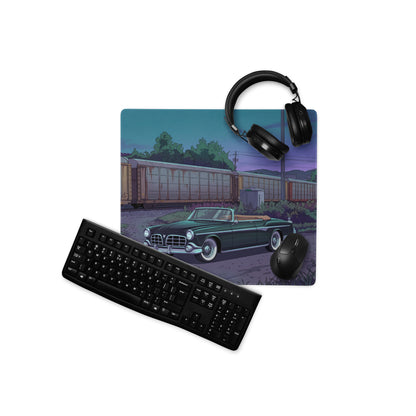 1956 Chrysler New Yorker Inspired Black Teal Vaporwave Gaming Mouse Pad, Classic Convertible Desk Mat with Retro Railroad Sunset Artwork