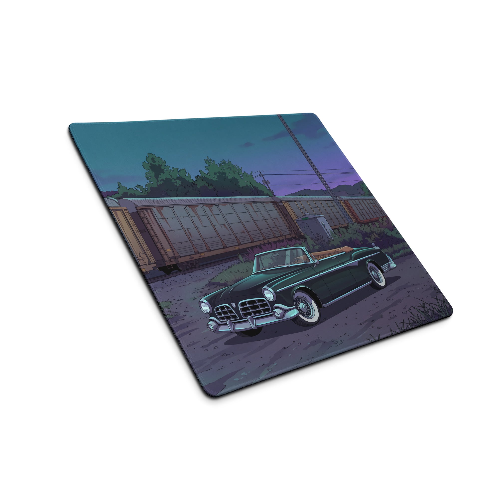 1956 Chrysler New Yorker Inspired Black Teal Vaporwave Gaming Mouse Pad, Classic Convertible Desk Mat with Retro Railroad Sunset Artwork