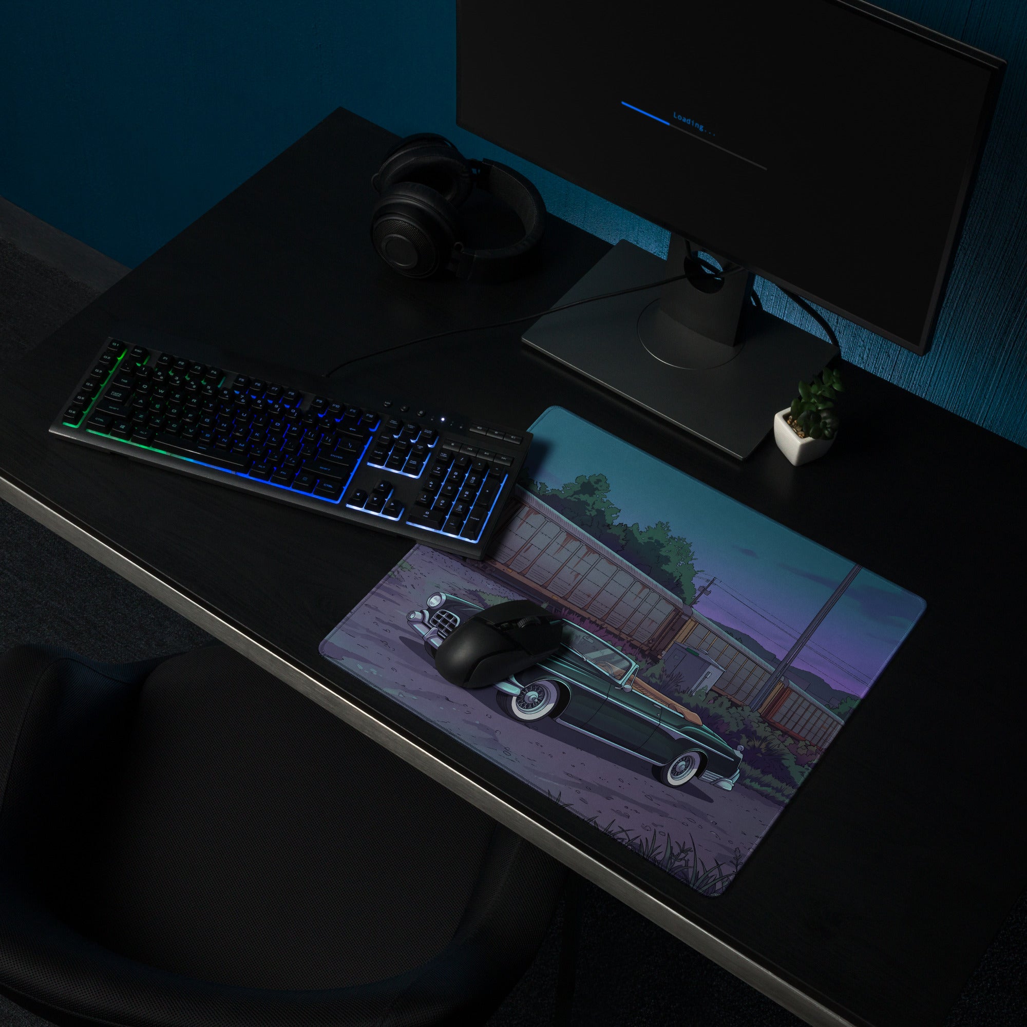 1956 Chrysler New Yorker Inspired Black Teal Vaporwave Gaming Mouse Pad, Classic Convertible Desk Mat with Retro Railroad Sunset Artwork