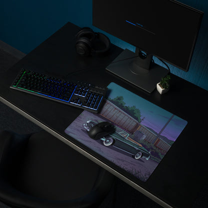 1956 Chrysler New Yorker Inspired Black Teal Vaporwave Gaming Mouse Pad, Classic Convertible Desk Mat with Retro Railroad Sunset Artwork