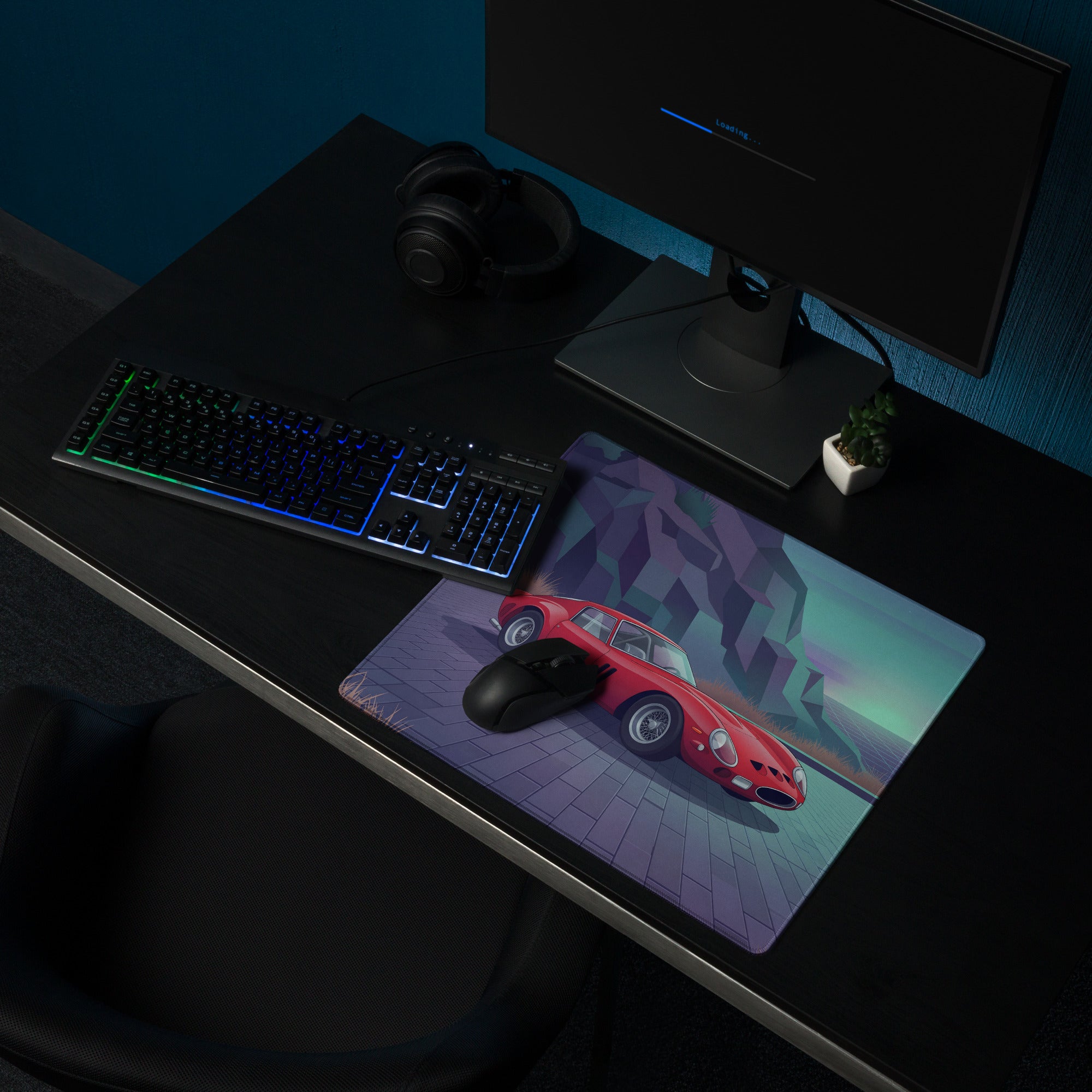 Ferrari 250 GTO Inspired Red Purple Vaporwave Gaming Mouse Pad, Classic Italian Race Car Desk Mat with Retro Futuristic Mountain Road Artwork