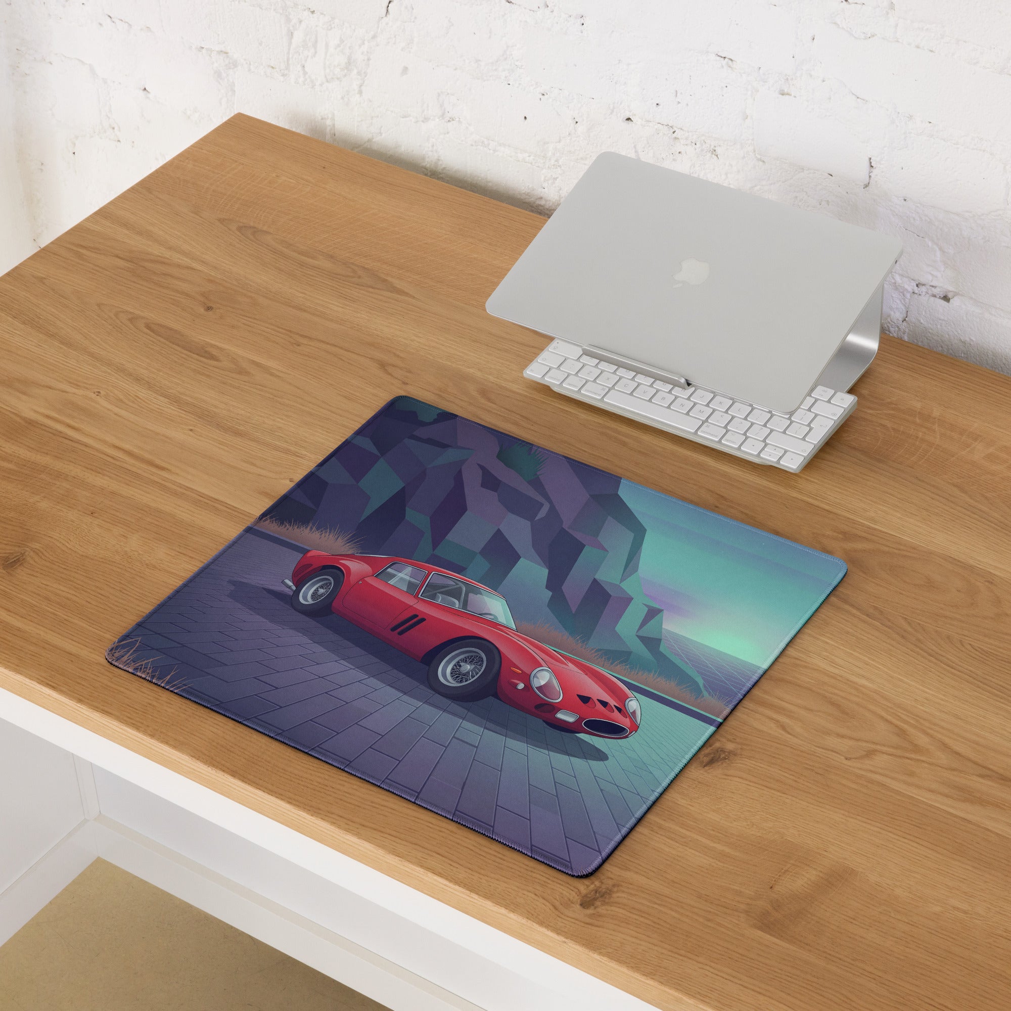 Ferrari 250 GTO Inspired Red Purple Vaporwave Gaming Mouse Pad, Classic Italian Race Car Desk Mat with Retro Futuristic Mountain Road Artwork