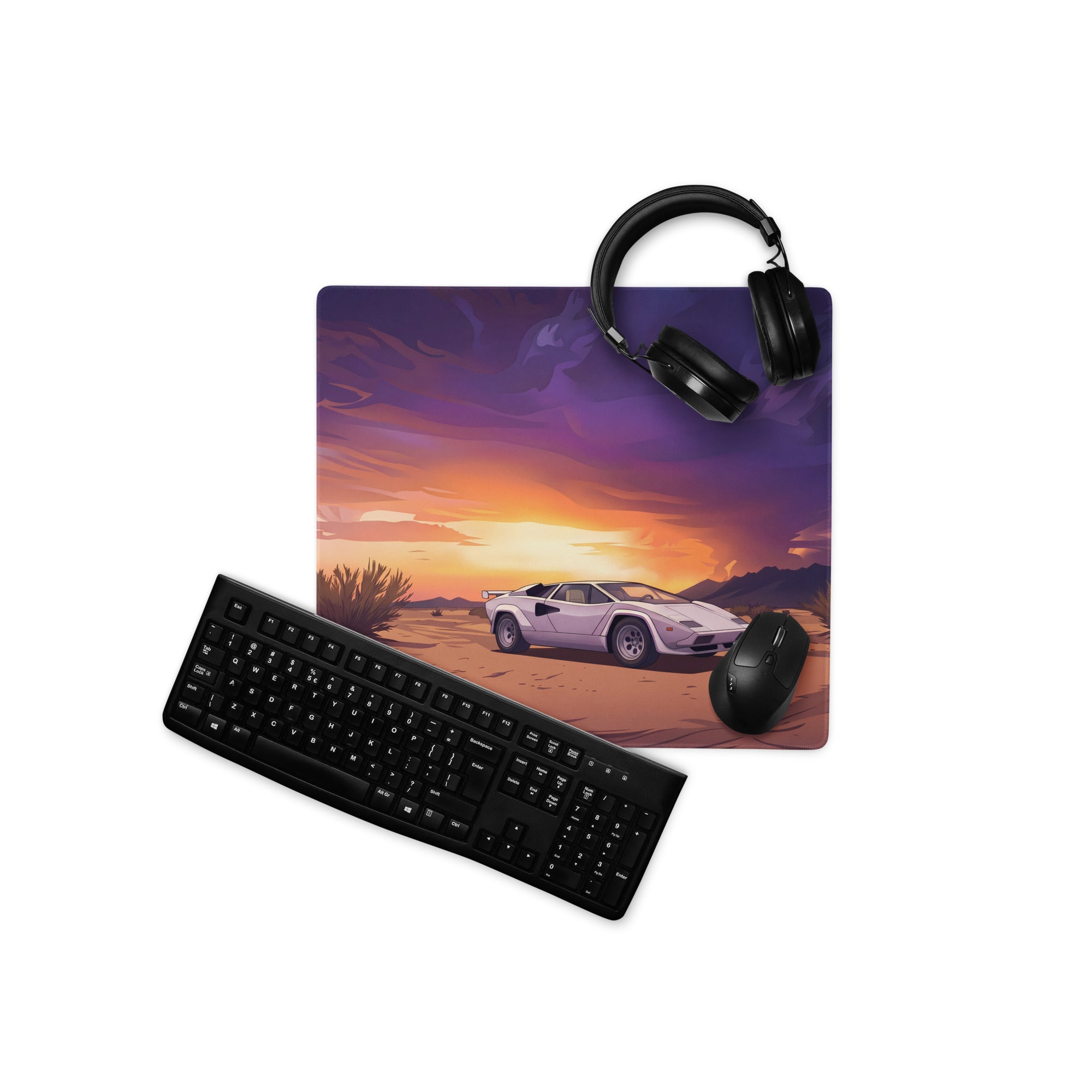 Lamborghini Countach Inspired White Orange Vaporwave Gaming Mouse Pad, Retro Supercar Desk Mat with Dramatic Desert Sunset Artwork