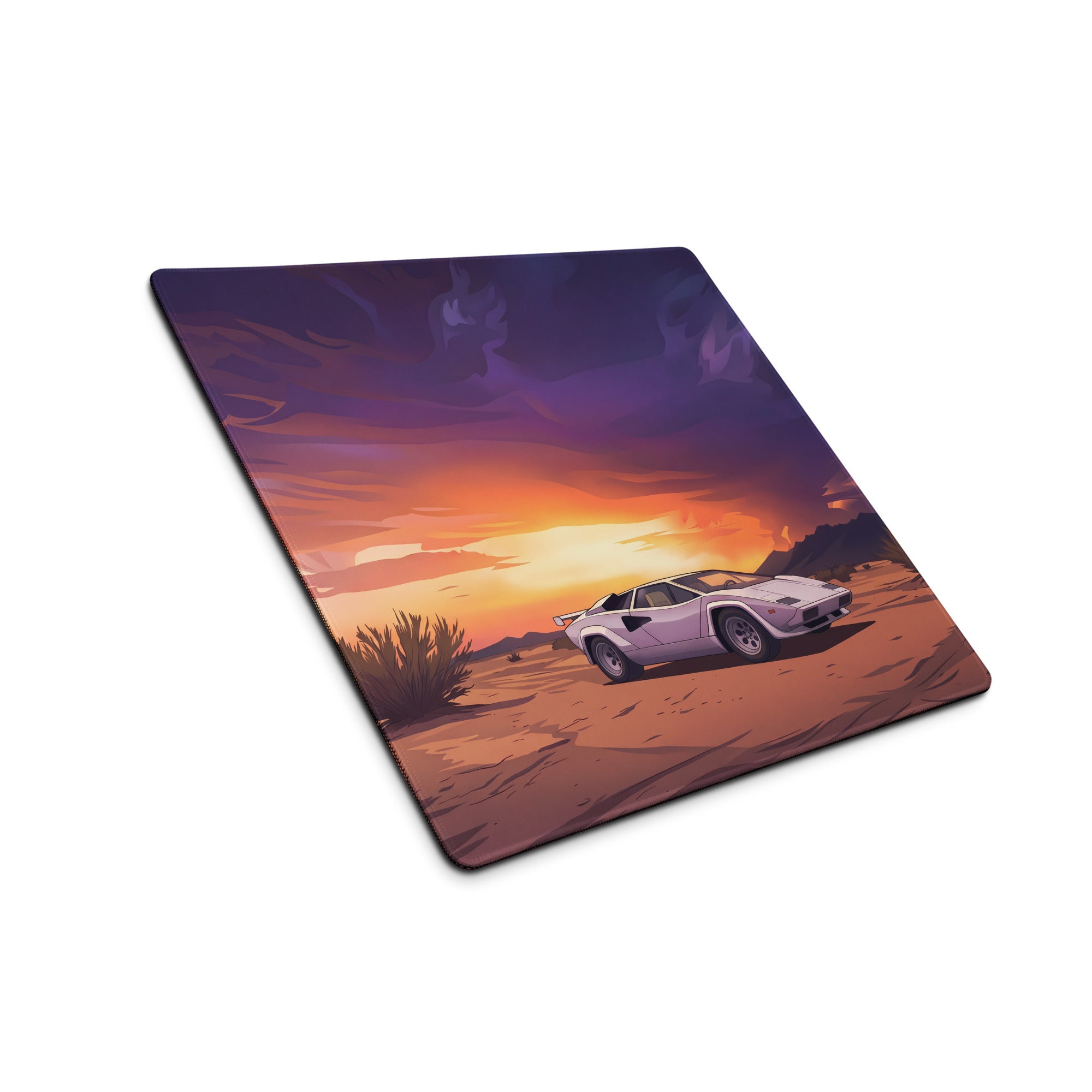 Lamborghini Countach Inspired White Orange Vaporwave Gaming Mouse Pad, Retro Supercar Desk Mat with Dramatic Desert Sunset Artwork