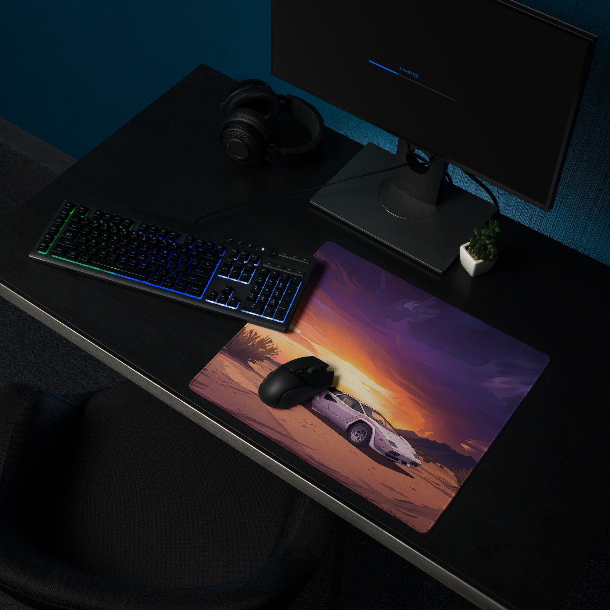 Lamborghini Countach Inspired White Orange Vaporwave Gaming Mouse Pad, Retro Supercar Desk Mat with Dramatic Desert Sunset Artwork
