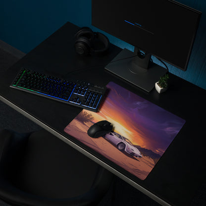 Lamborghini Countach Inspired White Orange Vaporwave Gaming Mouse Pad, Retro Supercar Desk Mat with Dramatic Desert Sunset Artwork