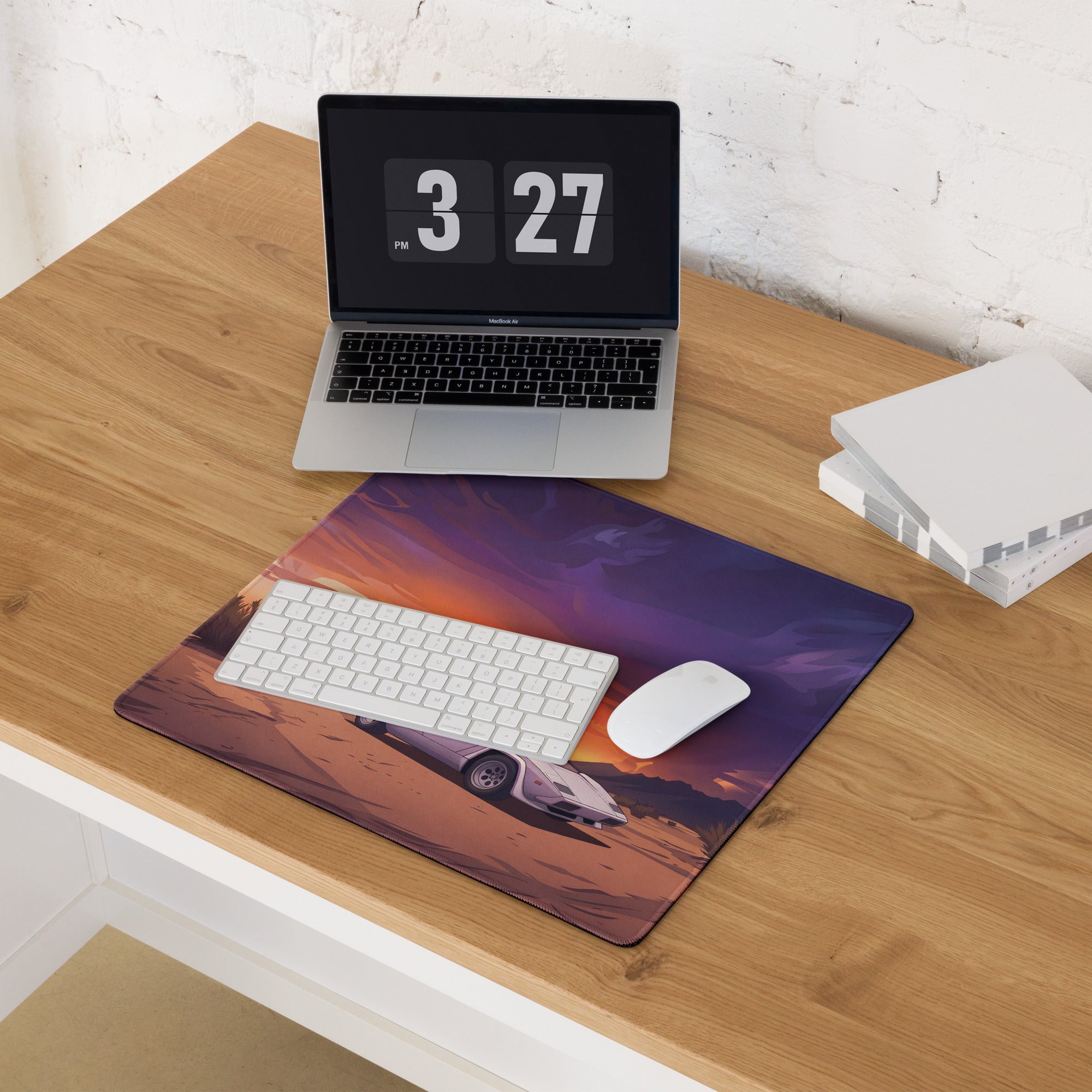 Lamborghini Countach Inspired White Orange Vaporwave Gaming Mouse Pad, Retro Supercar Desk Mat with Dramatic Desert Sunset Artwork