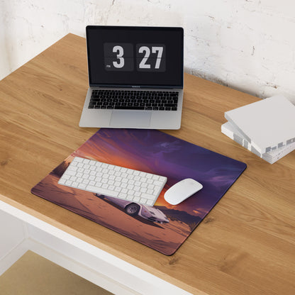 Lamborghini Countach Inspired White Orange Vaporwave Gaming Mouse Pad, Retro Supercar Desk Mat with Dramatic Desert Sunset Artwork