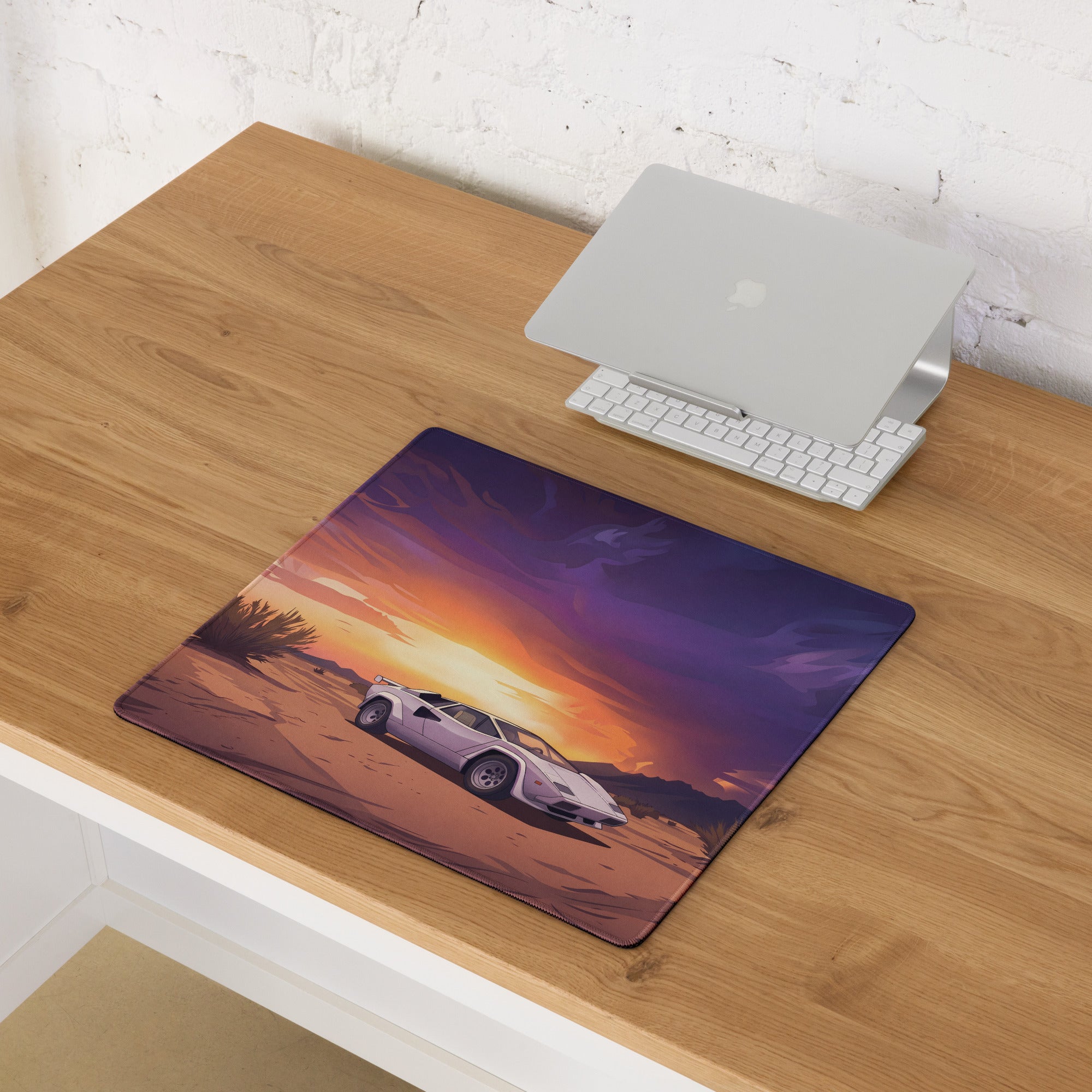 Lamborghini Countach Inspired White Orange Vaporwave Gaming Mouse Pad, Retro Supercar Desk Mat with Dramatic Desert Sunset Artwork