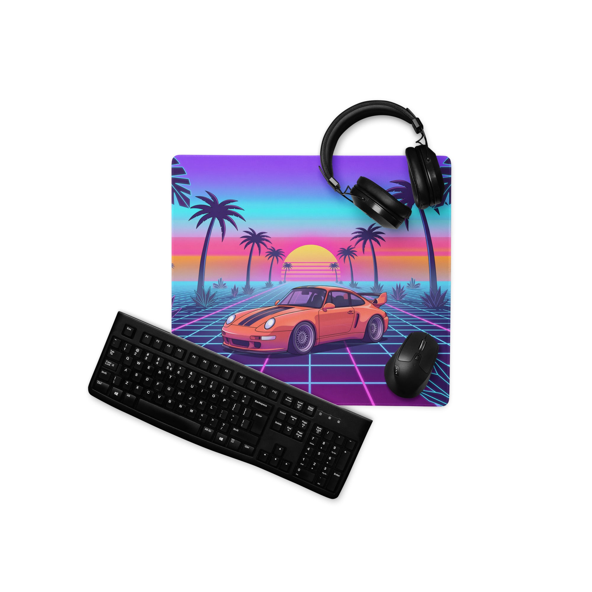 Porsche 911 Turbo 964 Inspired Orange Purple Vaporwave Gaming Mouse Pad, Classic Sports Car Desk Mat with Neon Grid Sunset and Palm Tree Artwork