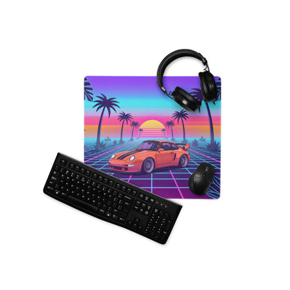 Porsche 911 Turbo 964 Inspired Orange Purple Vaporwave Gaming Mouse Pad, Classic Sports Car Desk Mat with Neon Grid Sunset and Palm Tree Artwork