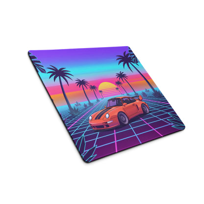 Porsche 911 Turbo 964 Inspired Orange Purple Vaporwave Gaming Mouse Pad, Classic Sports Car Desk Mat with Neon Grid Sunset and Palm Tree Artwork