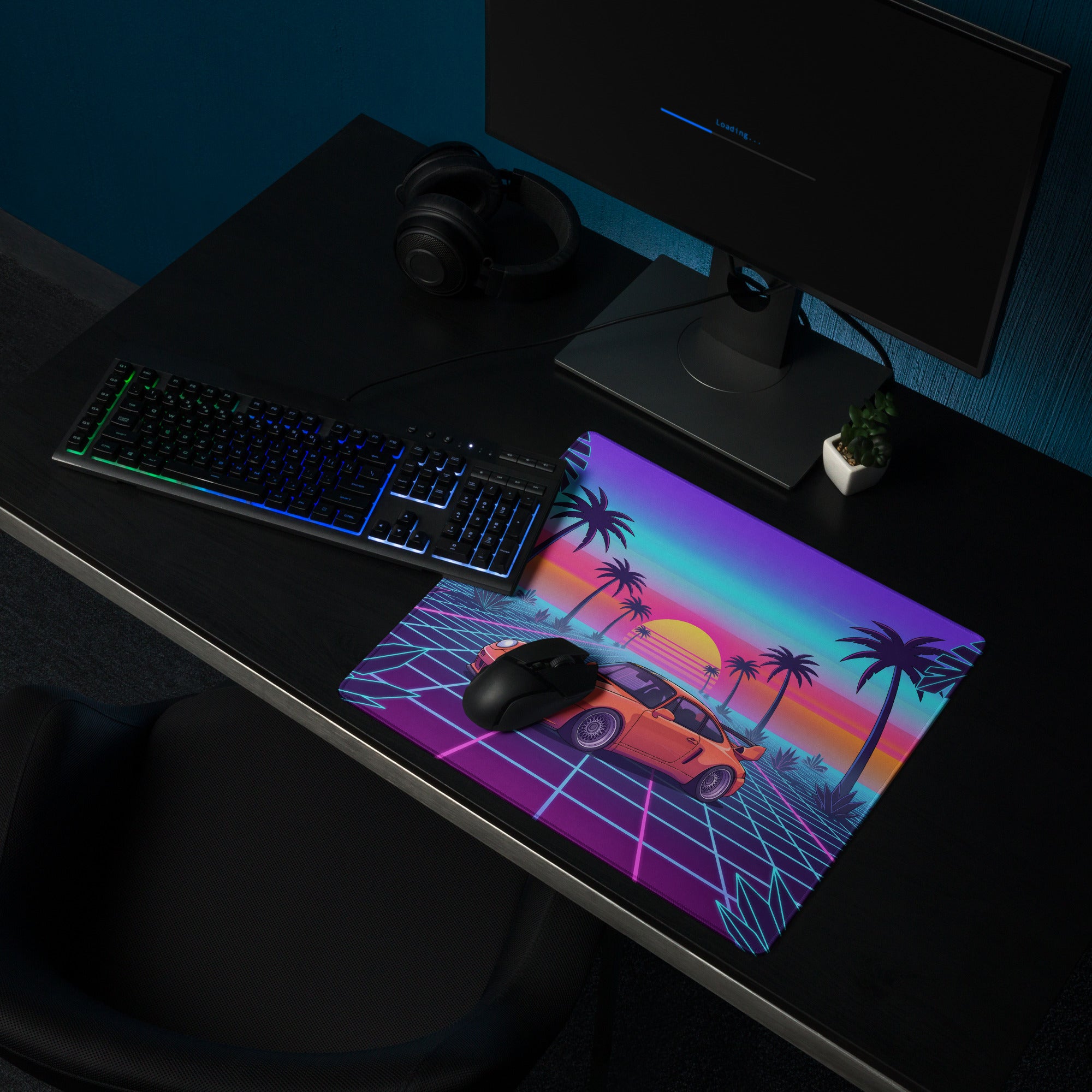 Porsche 911 Turbo 964 Inspired Orange Purple Vaporwave Gaming Mouse Pad, Classic Sports Car Desk Mat with Neon Grid Sunset and Palm Tree Artwork