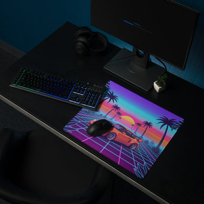 Porsche 911 Turbo 964 Inspired Orange Purple Vaporwave Gaming Mouse Pad, Classic Sports Car Desk Mat with Neon Grid Sunset and Palm Tree Artwork