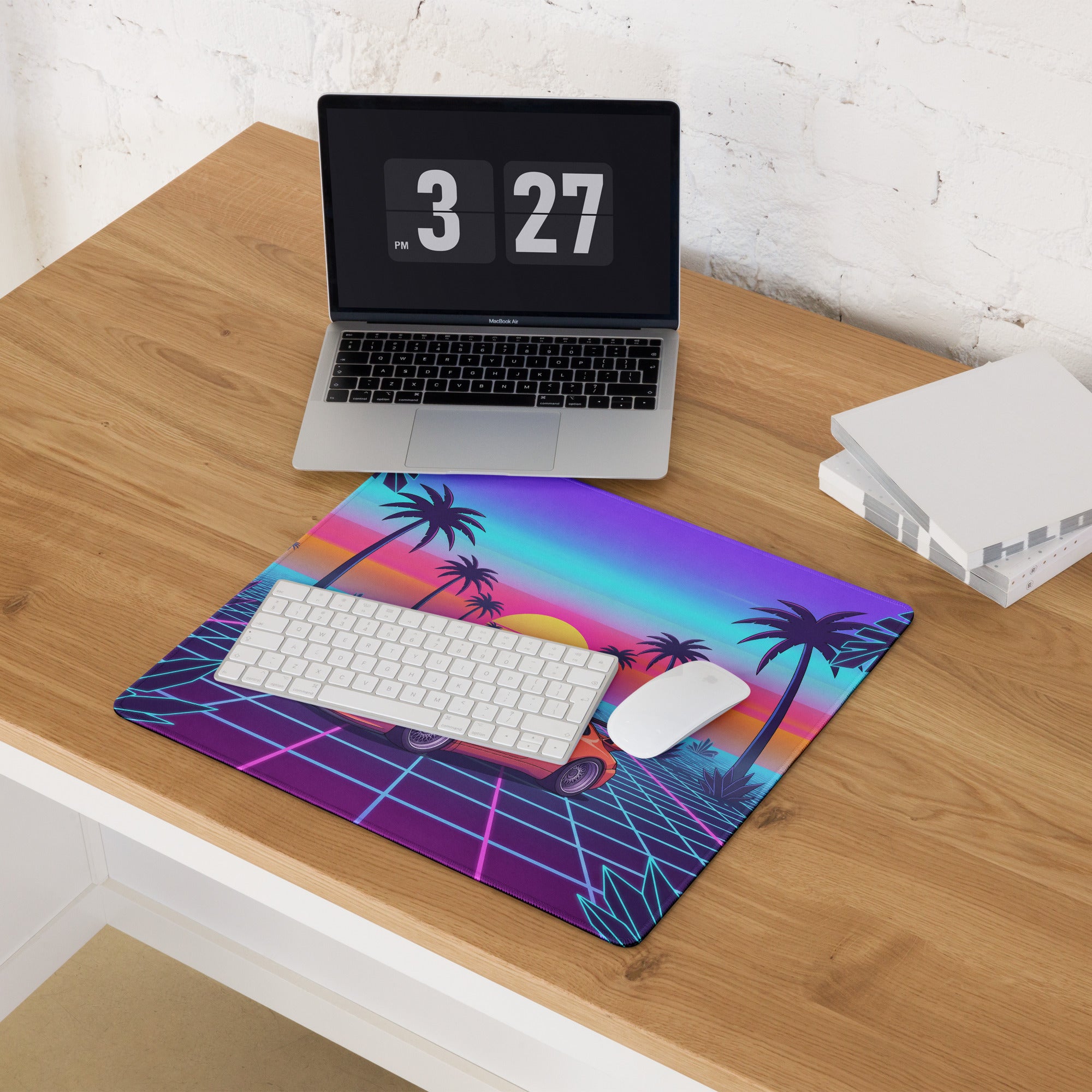 Porsche 911 Turbo 964 Inspired Orange Purple Vaporwave Gaming Mouse Pad, Classic Sports Car Desk Mat with Neon Grid Sunset and Palm Tree Artwork