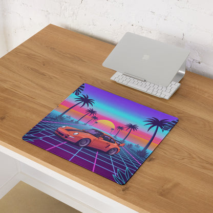 Porsche 911 Turbo 964 Inspired Orange Purple Vaporwave Gaming Mouse Pad, Classic Sports Car Desk Mat with Neon Grid Sunset and Palm Tree Artwork