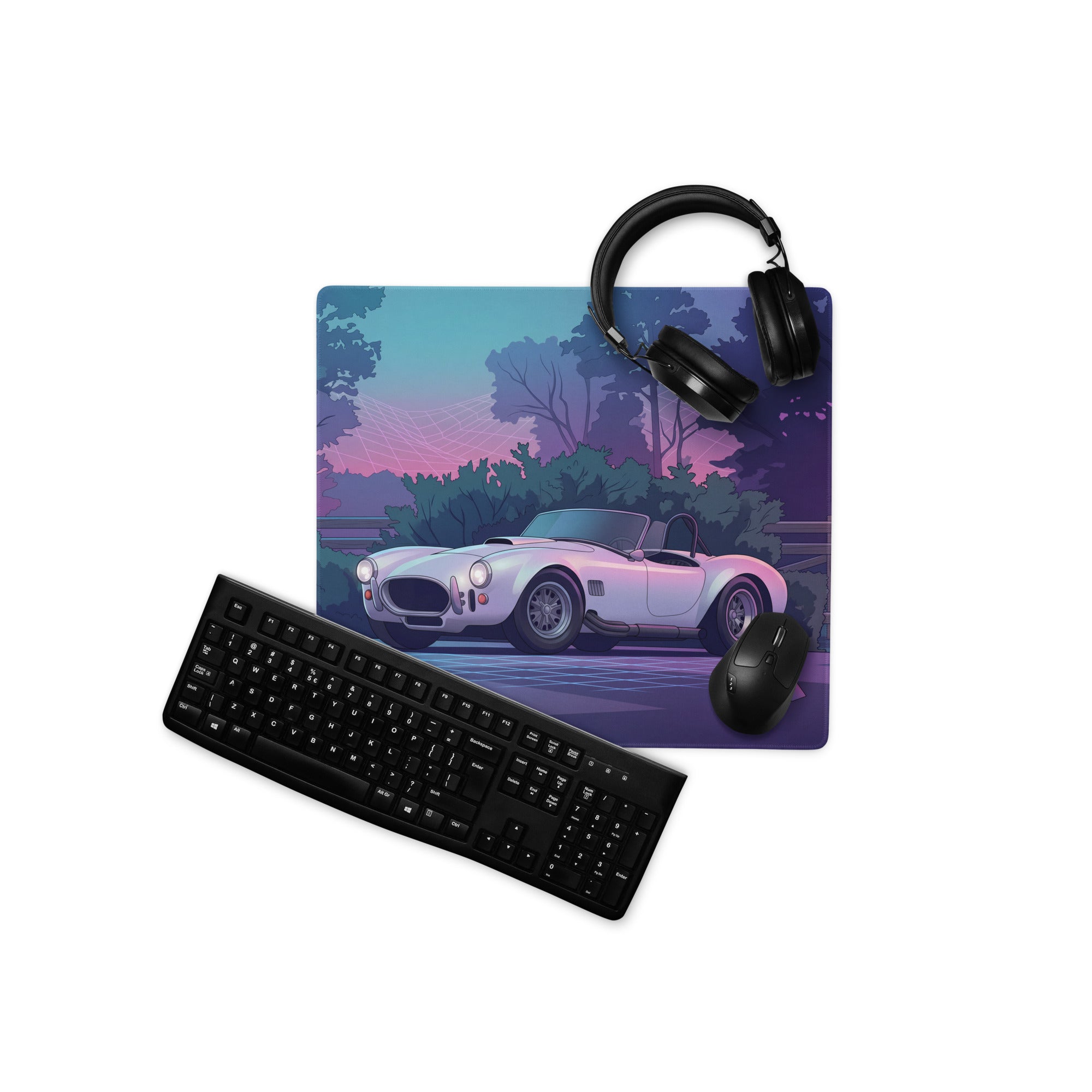 Shelby Cobra 427 Inspired White Purple Vaporwave Gaming Mouse Pad, Classic Roadster Desk Mat with Neon Forest and Retro Futuristic Grid Artwork