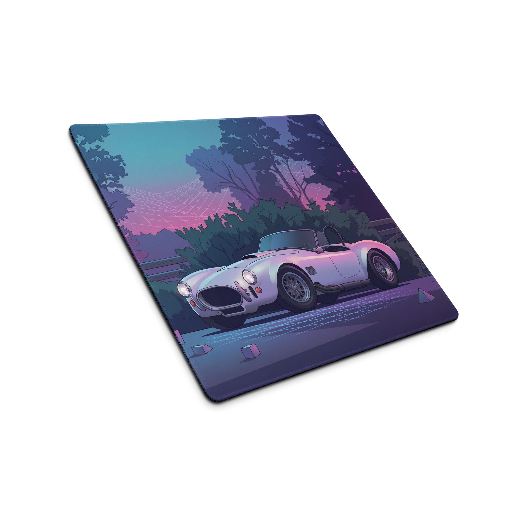 Shelby Cobra 427 Inspired White Purple Vaporwave Gaming Mouse Pad, Classic Roadster Desk Mat with Neon Forest and Retro Futuristic Grid Artwork