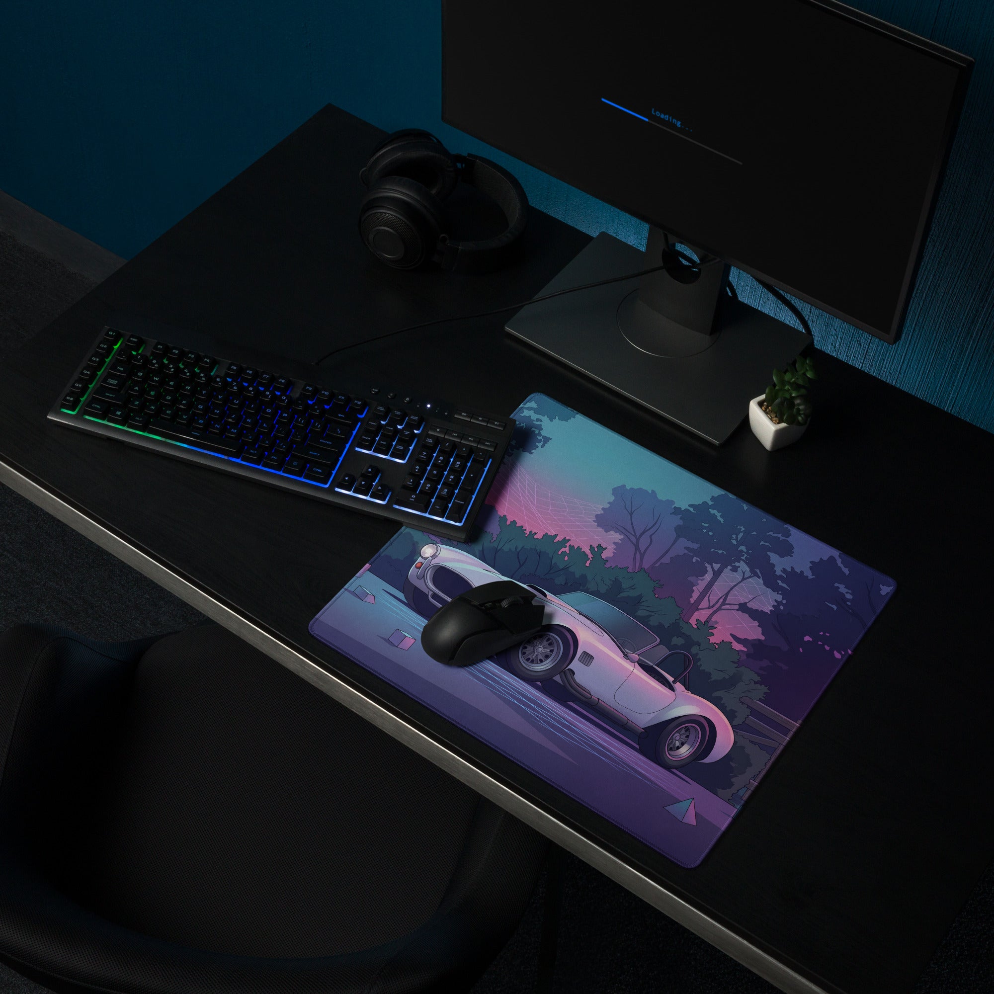 Shelby Cobra 427 Inspired White Purple Vaporwave Gaming Mouse Pad, Classic Roadster Desk Mat with Neon Forest and Retro Futuristic Grid Artwork
