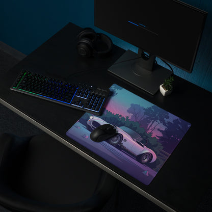 Shelby Cobra 427 Inspired White Purple Vaporwave Gaming Mouse Pad, Classic Roadster Desk Mat with Neon Forest and Retro Futuristic Grid Artwork