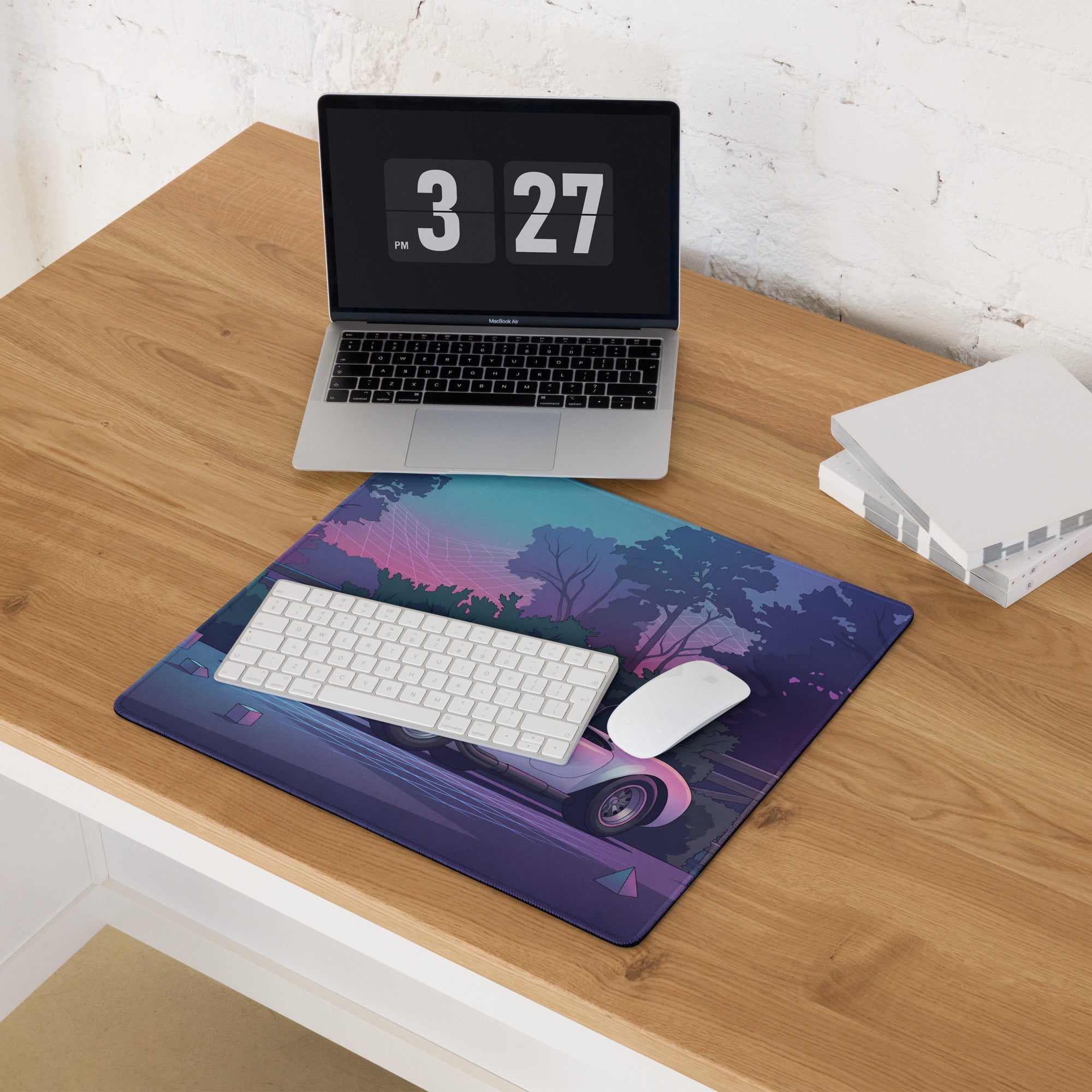 Shelby Cobra 427 Inspired White Purple Vaporwave Gaming Mouse Pad, Classic Roadster Desk Mat with Neon Forest and Retro Futuristic Grid Artwork