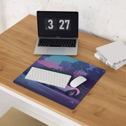 Shelby Cobra 427 Inspired White Purple Vaporwave Gaming Mouse Pad, Classic Roadster Desk Mat with Neon Forest and Retro Futuristic Grid Artwork