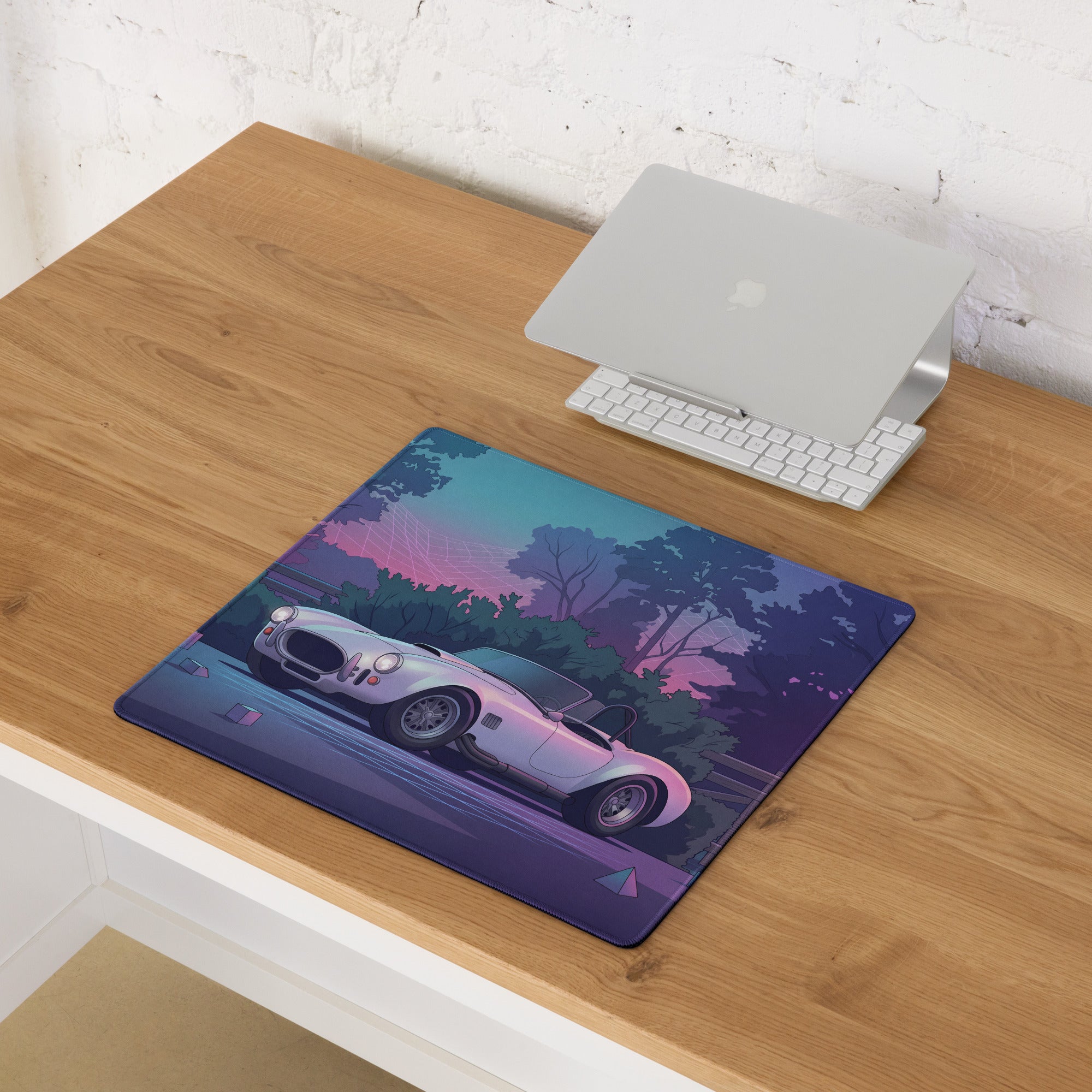 Shelby Cobra 427 Inspired White Purple Vaporwave Gaming Mouse Pad, Classic Roadster Desk Mat with Neon Forest and Retro Futuristic Grid Artwork