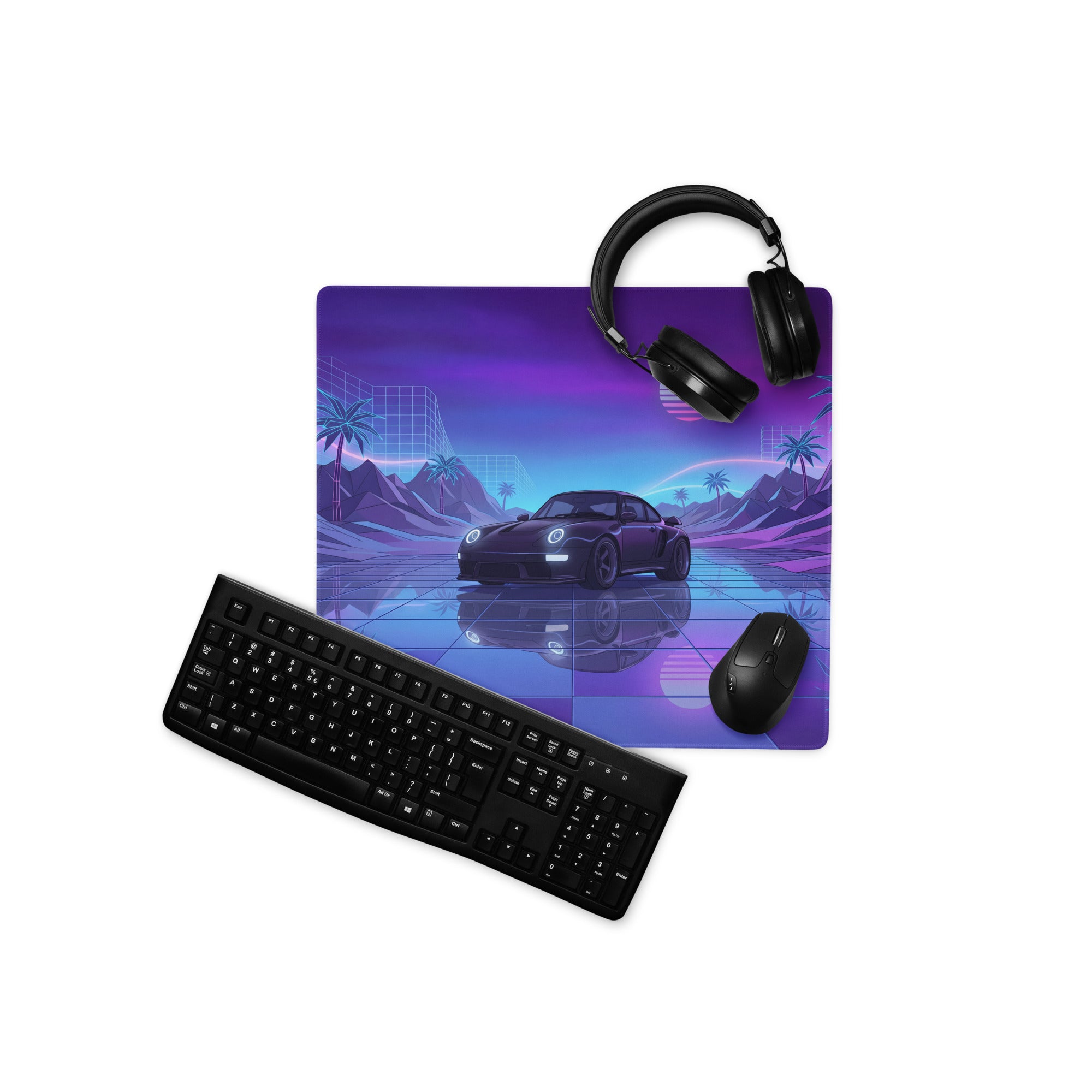 Porsche 911 Turbo 997 Inspired Black Purple Vaporwave Gaming Mouse Pad, Neon Sports Car Desk Mat with Retro Futuristic Sunset Artwork