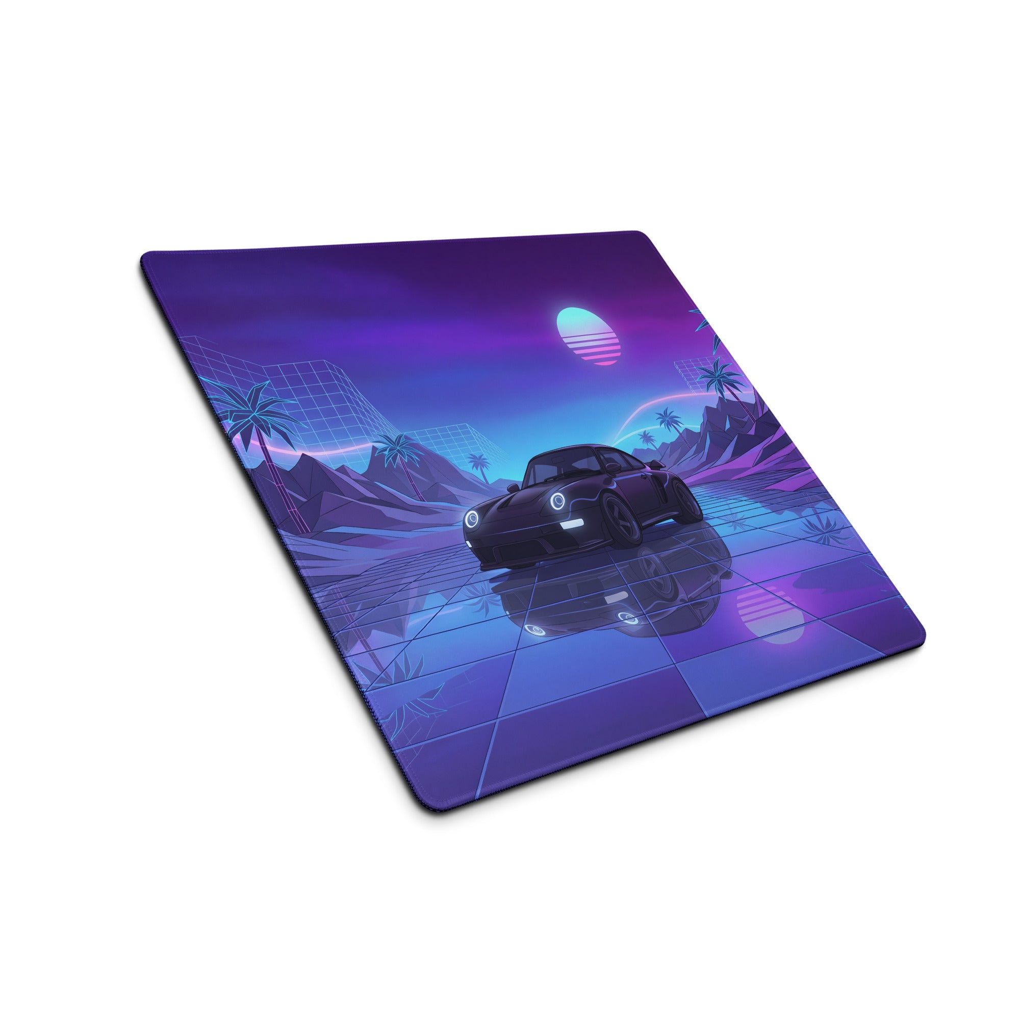 Porsche 911 Turbo 997 Inspired Black Purple Vaporwave Gaming Mouse Pad, Neon Sports Car Desk Mat with Retro Futuristic Sunset Artwork