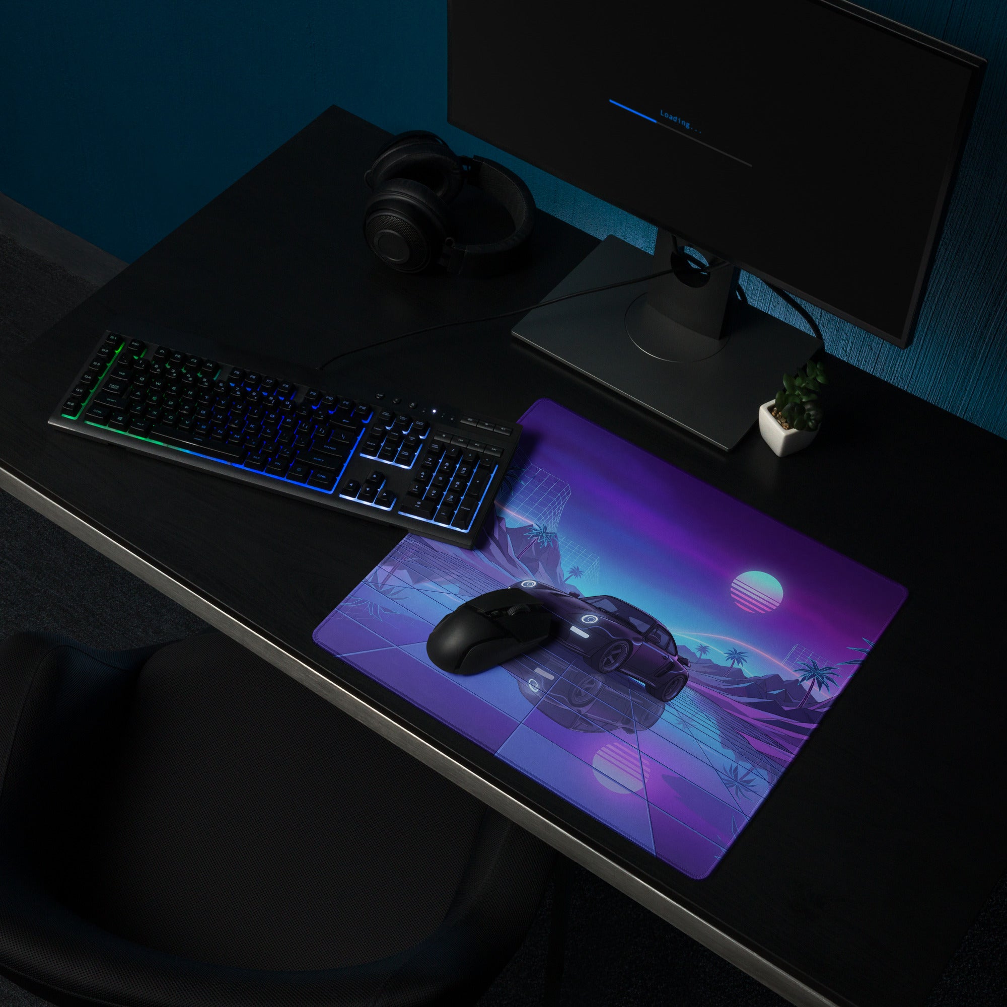 Porsche 911 Turbo 997 Inspired Black Purple Vaporwave Gaming Mouse Pad, Neon Sports Car Desk Mat with Retro Futuristic Sunset Artwork