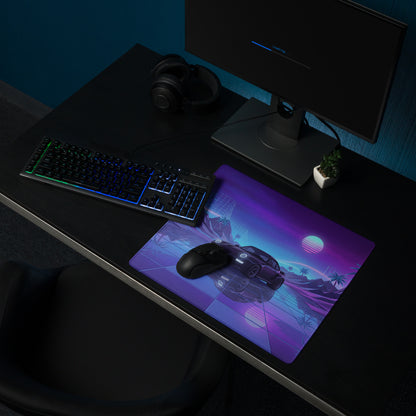Porsche 911 Turbo 997 Inspired Black Purple Vaporwave Gaming Mouse Pad, Neon Sports Car Desk Mat with Retro Futuristic Sunset Artwork