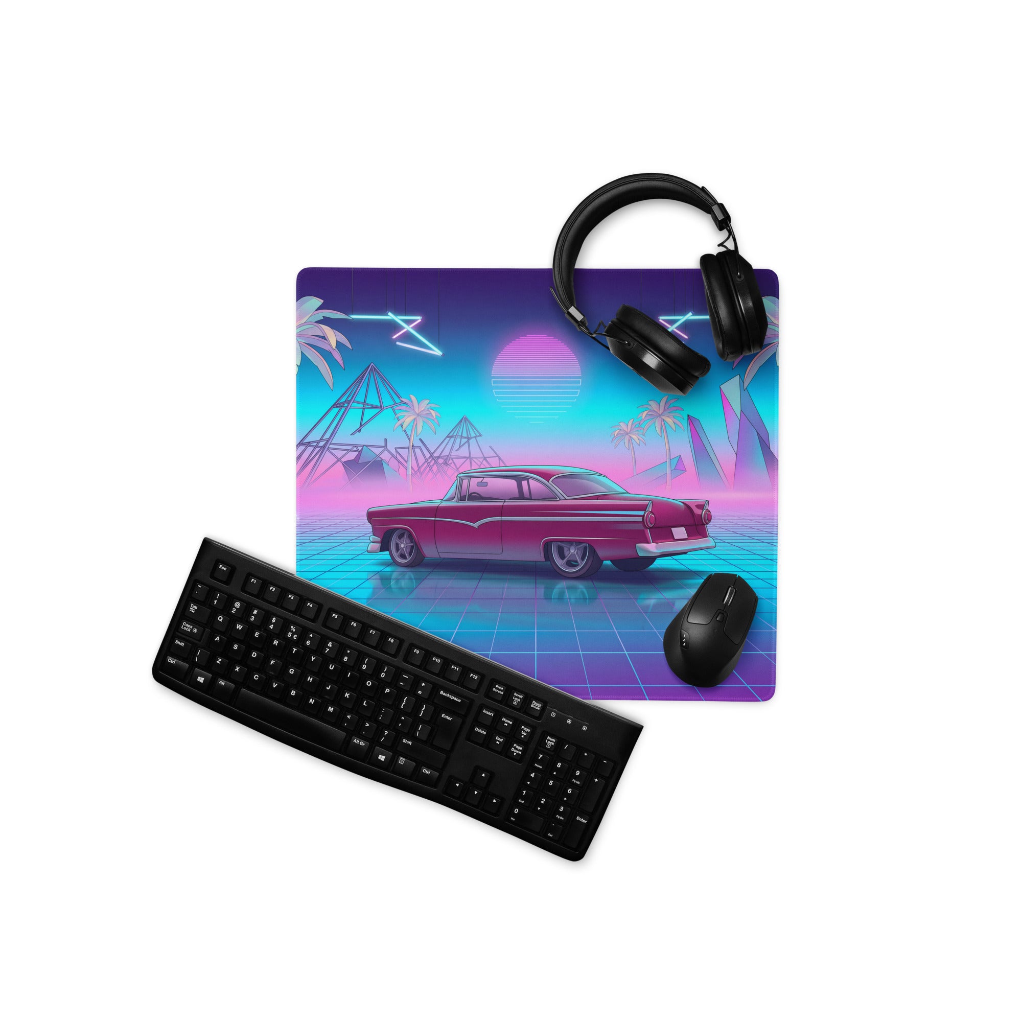 1957 Ford Fairlane 500 Inspired Burgundy Blue Vaporwave Gaming Mouse Pad, Classic American Coupe Desk Mat with Neon Grid Sunset Artwork