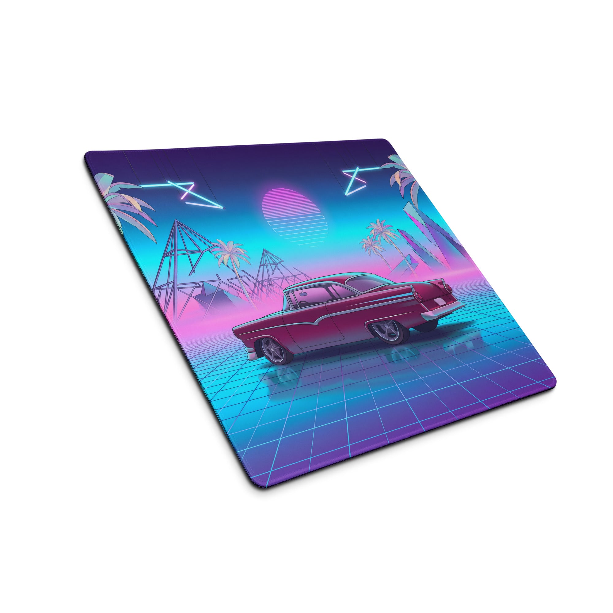 1957 Ford Fairlane 500 Inspired Burgundy Blue Vaporwave Gaming Mouse Pad, Classic American Coupe Desk Mat with Neon Grid Sunset Artwork