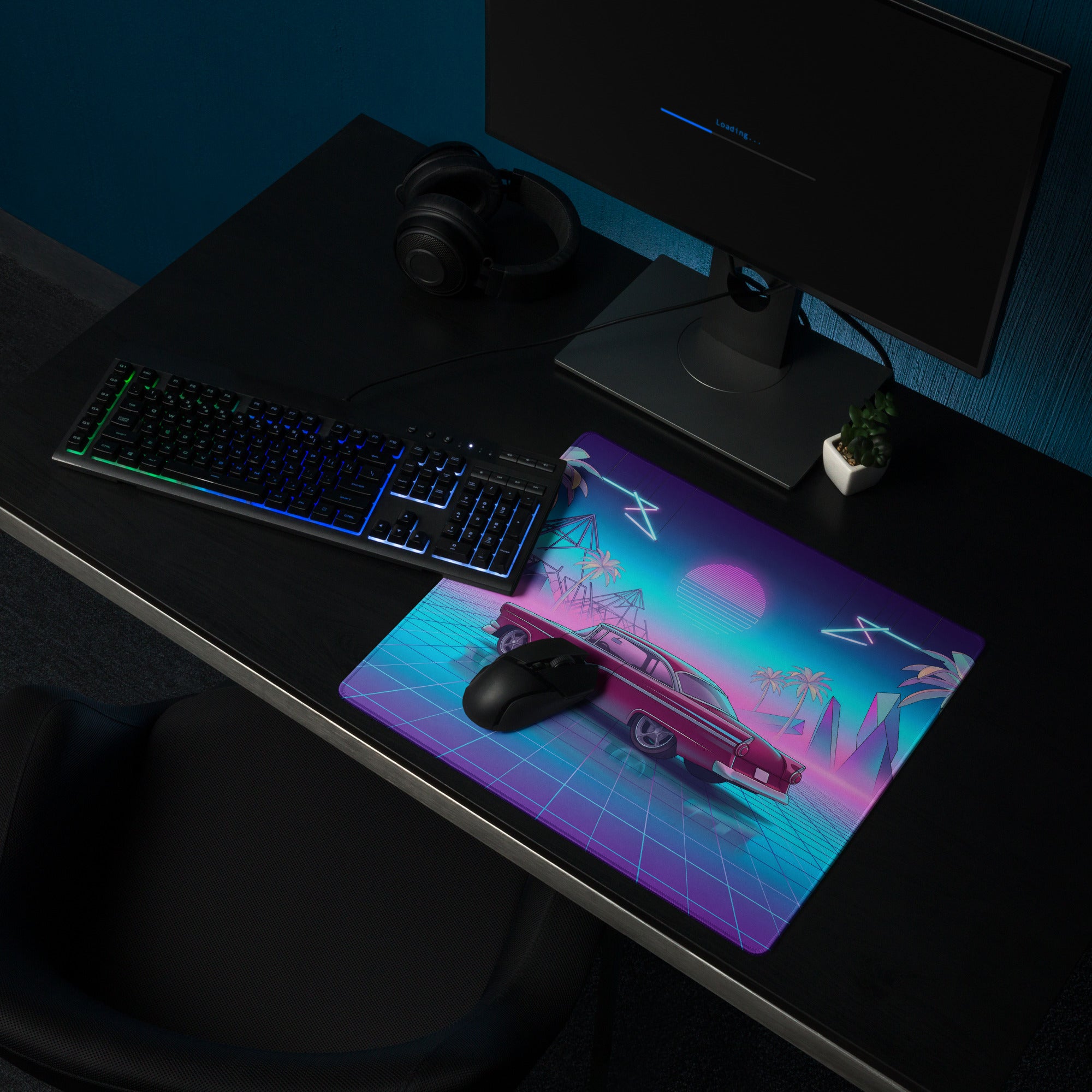 1957 Ford Fairlane 500 Inspired Burgundy Blue Vaporwave Gaming Mouse Pad, Classic American Coupe Desk Mat with Neon Grid Sunset Artwork
