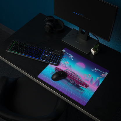 1957 Ford Fairlane 500 Inspired Burgundy Blue Vaporwave Gaming Mouse Pad, Classic American Coupe Desk Mat with Neon Grid Sunset Artwork