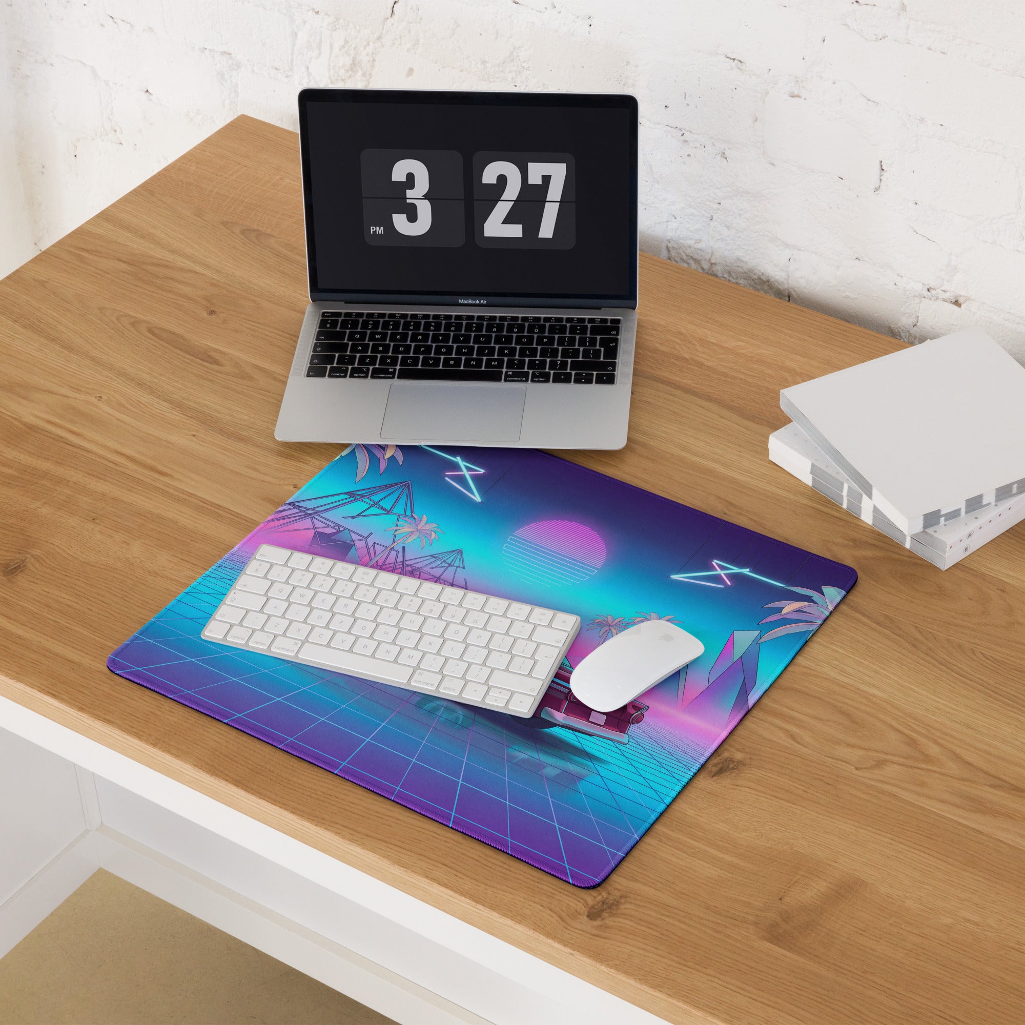 1957 Ford Fairlane 500 Inspired Burgundy Blue Vaporwave Gaming Mouse Pad, Classic American Coupe Desk Mat with Neon Grid Sunset Artwork