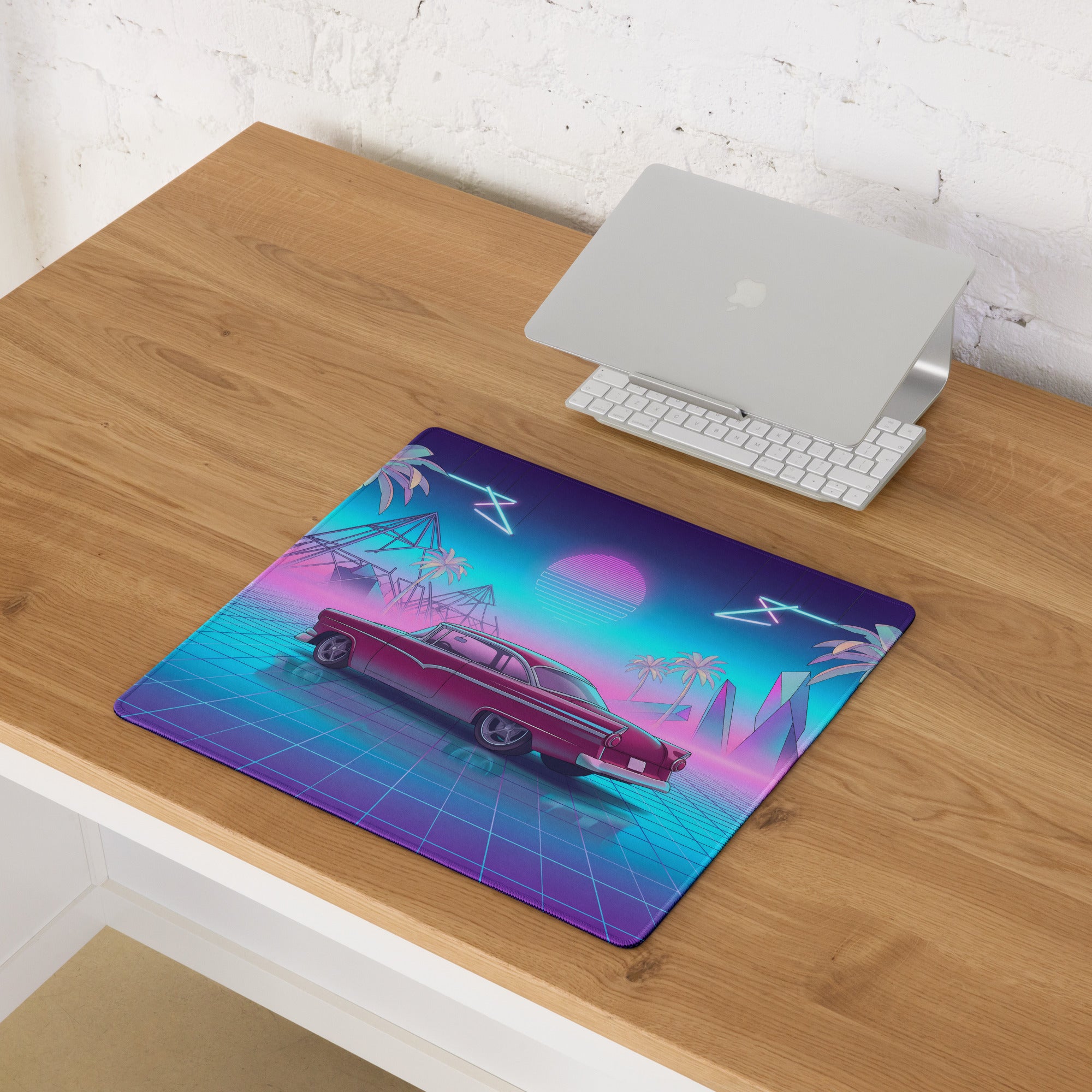 1957 Ford Fairlane 500 Inspired Burgundy Blue Vaporwave Gaming Mouse Pad, Classic American Coupe Desk Mat with Neon Grid Sunset Artwork